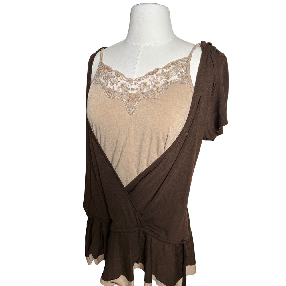 Y2K Brown Tan Layered Lagenlook Embroidered Sequin Peplum Top Boho Large